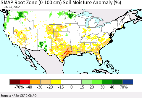 United States SMAP Root Zone (0-100 cm) Soil Moisture Anomaly (%) Thematic Map For 6/21/2022 - 6/25/2022