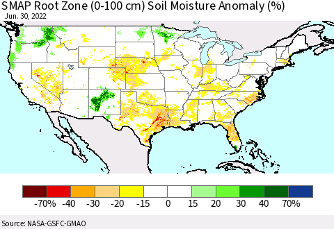 United States SMAP Root Zone (0-100 cm) Soil Moisture Anomaly (%) Thematic Map For 6/26/2022 - 6/30/2022