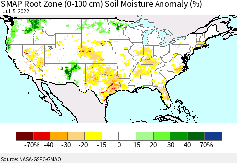 United States SMAP Root Zone (0-100 cm) Soil Moisture Anomaly (%) Thematic Map For 7/1/2022 - 7/5/2022
