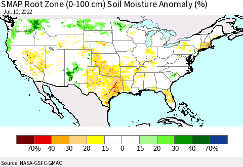 United States SMAP Root Zone (0-100 cm) Soil Moisture Anomaly (%) Thematic Map For 7/6/2022 - 7/10/2022