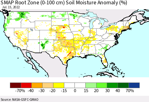 United States SMAP Root Zone (0-100 cm) Soil Moisture Anomaly (%) Thematic Map For 7/11/2022 - 7/15/2022