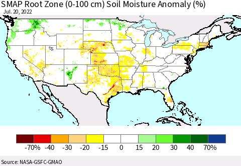 United States SMAP Root Zone (0-100 cm) Soil Moisture Anomaly (%) Thematic Map For 7/16/2022 - 7/20/2022
