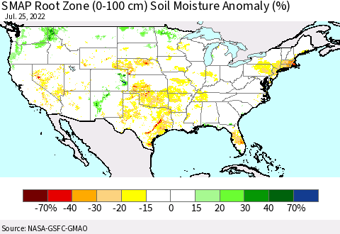 United States SMAP Root Zone (0-100 cm) Soil Moisture Anomaly (%) Thematic Map For 7/21/2022 - 7/25/2022