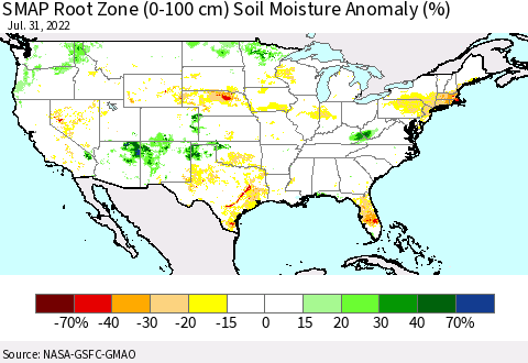 United States SMAP Root Zone (0-100 cm) Soil Moisture Anomaly (%) Thematic Map For 7/26/2022 - 7/31/2022