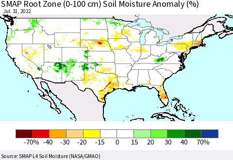 United States SMAP Root Zone (0-100 cm) Soil Moisture Anomaly (%) Thematic Map For 7/26/2022 - 7/31/2022