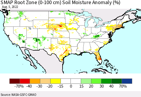 United States SMAP Root Zone (0-100 cm) Soil Moisture Anomaly (%) Thematic Map For 8/1/2022 - 8/5/2022