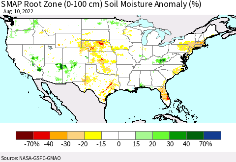 United States SMAP Root Zone (0-100 cm) Soil Moisture Anomaly (%) Thematic Map For 8/6/2022 - 8/10/2022