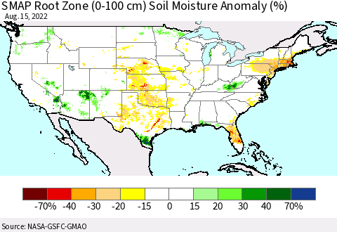 United States SMAP Root Zone (0-100 cm) Soil Moisture Anomaly (%) Thematic Map For 8/11/2022 - 8/15/2022