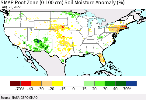 United States SMAP Root Zone (0-100 cm) Soil Moisture Anomaly (%) Thematic Map For 8/16/2022 - 8/20/2022
