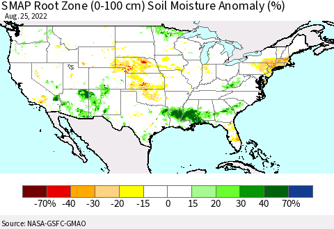 United States SMAP Root Zone (0-100 cm) Soil Moisture Anomaly (%) Thematic Map For 8/21/2022 - 8/25/2022