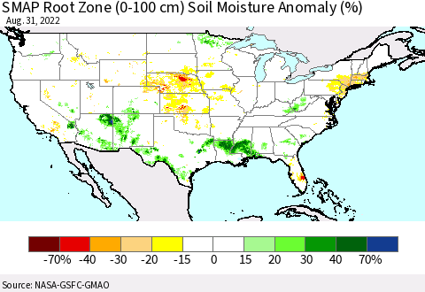 United States SMAP Root Zone (0-100 cm) Soil Moisture Anomaly (%) Thematic Map For 8/26/2022 - 8/31/2022
