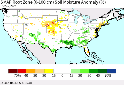 United States SMAP Root Zone (0-100 cm) Soil Moisture Anomaly (%) Thematic Map For 9/1/2022 - 9/5/2022
