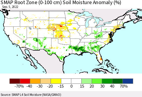 United States SMAP Root Zone (0-100 cm) Soil Moisture Anomaly (%) Thematic Map For 9/1/2022 - 9/5/2022