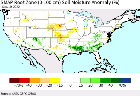 United States SMAP Root Zone (0-100 cm) Soil Moisture Anomaly (%) Thematic Map For 9/6/2022 - 9/10/2022