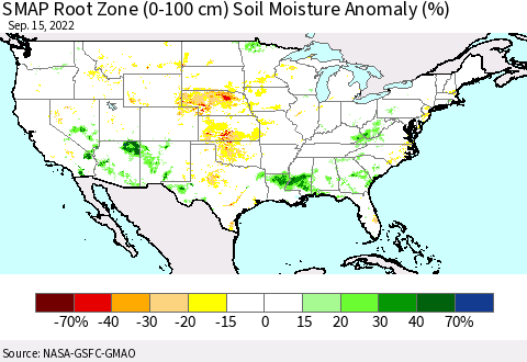 United States SMAP Root Zone (0-100 cm) Soil Moisture Anomaly (%) Thematic Map For 9/11/2022 - 9/15/2022