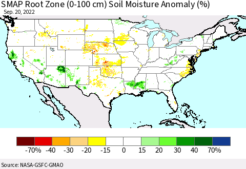 United States SMAP Root Zone (0-100 cm) Soil Moisture Anomaly (%) Thematic Map For 9/16/2022 - 9/20/2022