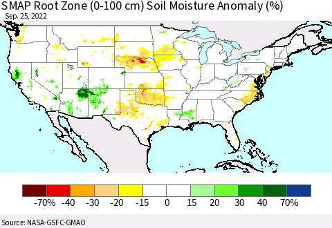 United States SMAP Root Zone (0-100 cm) Soil Moisture Anomaly (%) Thematic Map For 9/21/2022 - 9/25/2022