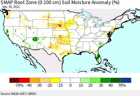 United States SMAP Root Zone (0-100 cm) Soil Moisture Anomaly (%) Thematic Map For 9/26/2022 - 9/30/2022