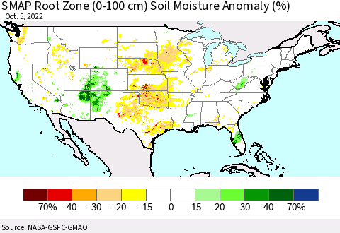 United States SMAP Root Zone (0-100 cm) Soil Moisture Anomaly (%) Thematic Map For 10/1/2022 - 10/5/2022