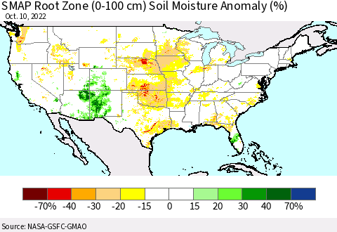 United States SMAP Root Zone (0-100 cm) Soil Moisture Anomaly (%) Thematic Map For 10/6/2022 - 10/10/2022