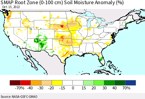 United States SMAP Root Zone (0-100 cm) Soil Moisture Anomaly (%) Thematic Map For 10/11/2022 - 10/15/2022