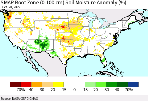 United States SMAP Root Zone (0-100 cm) Soil Moisture Anomaly (%) Thematic Map For 10/16/2022 - 10/20/2022