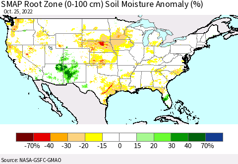 United States SMAP Root Zone (0-100 cm) Soil Moisture Anomaly (%) Thematic Map For 10/21/2022 - 10/25/2022