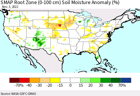 United States SMAP Root Zone (0-100 cm) Soil Moisture Anomaly (%) Thematic Map For 11/1/2022 - 11/5/2022