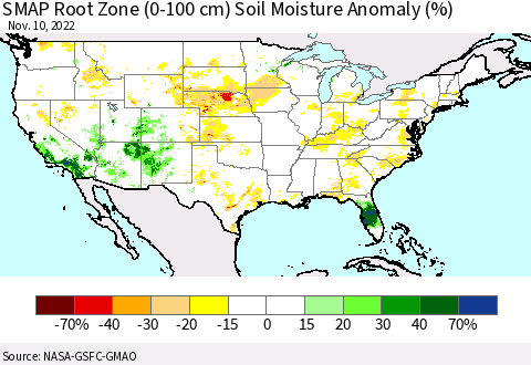 United States SMAP Root Zone (0-100 cm) Soil Moisture Anomaly (%) Thematic Map For 11/6/2022 - 11/10/2022