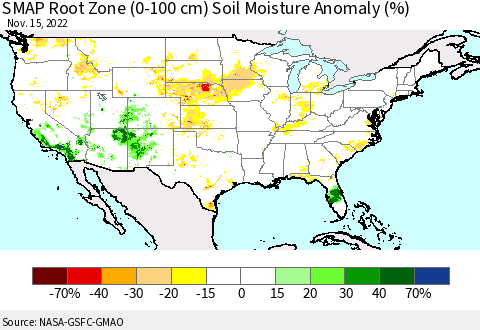 United States SMAP Root Zone (0-100 cm) Soil Moisture Anomaly (%) Thematic Map For 11/11/2022 - 11/15/2022