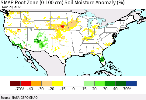United States SMAP Root Zone (0-100 cm) Soil Moisture Anomaly (%) Thematic Map For 11/16/2022 - 11/20/2022