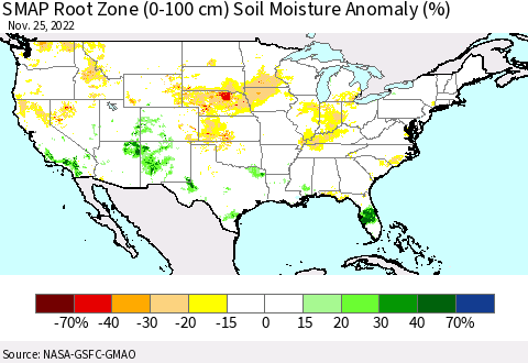 United States SMAP Root Zone (0-100 cm) Soil Moisture Anomaly (%) Thematic Map For 11/21/2022 - 11/25/2022