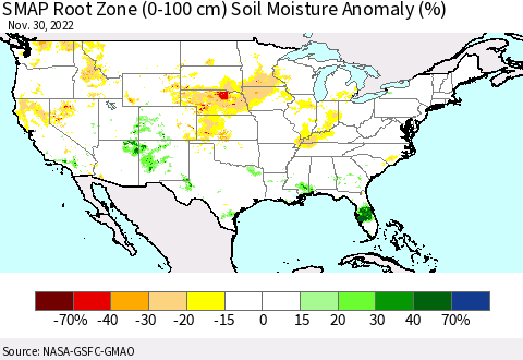 United States SMAP Root Zone (0-100 cm) Soil Moisture Anomaly (%) Thematic Map For 11/26/2022 - 11/30/2022