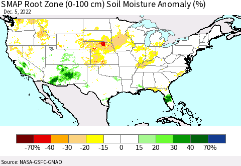 United States SMAP Root Zone (0-100 cm) Soil Moisture Anomaly (%) Thematic Map For 12/1/2022 - 12/5/2022