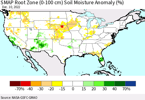 United States SMAP Root Zone (0-100 cm) Soil Moisture Anomaly (%) Thematic Map For 12/6/2022 - 12/10/2022