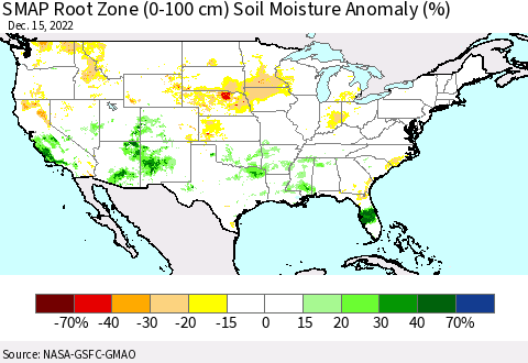 United States SMAP Root Zone (0-100 cm) Soil Moisture Anomaly (%) Thematic Map For 12/11/2022 - 12/15/2022