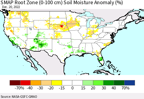 United States SMAP Root Zone (0-100 cm) Soil Moisture Anomaly (%) Thematic Map For 12/16/2022 - 12/20/2022
