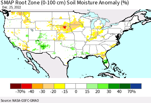 United States SMAP Root Zone (0-100 cm) Soil Moisture Anomaly (%) Thematic Map For 12/21/2022 - 12/25/2022
