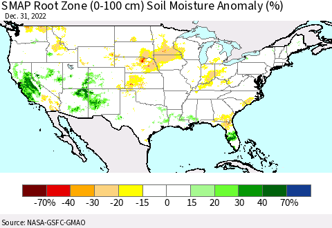 United States SMAP Root Zone (0-100 cm) Soil Moisture Anomaly (%) Thematic Map For 12/26/2022 - 12/31/2022