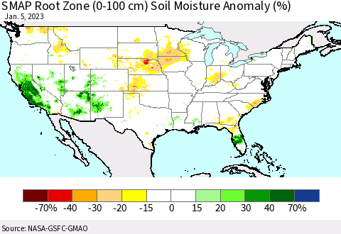 United States SMAP Root Zone (0-100 cm) Soil Moisture Anomaly (%) Thematic Map For 1/1/2023 - 1/5/2023