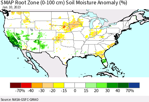 United States SMAP Root Zone (0-100 cm) Soil Moisture Anomaly (%) Thematic Map For 1/6/2023 - 1/10/2023