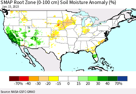 United States SMAP Root Zone (0-100 cm) Soil Moisture Anomaly (%) Thematic Map For 1/11/2023 - 1/15/2023