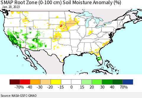 United States SMAP Root Zone (0-100 cm) Soil Moisture Anomaly (%) Thematic Map For 1/16/2023 - 1/20/2023