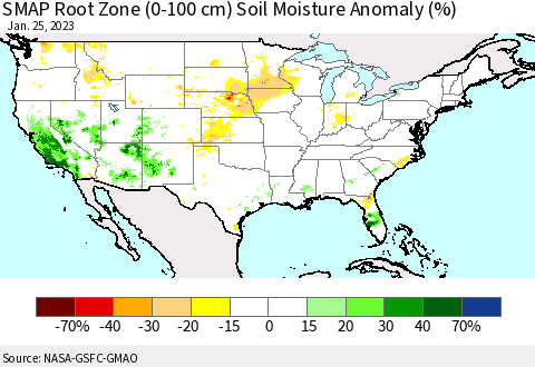 United States SMAP Root Zone (0-100 cm) Soil Moisture Anomaly (%) Thematic Map For 1/21/2023 - 1/25/2023
