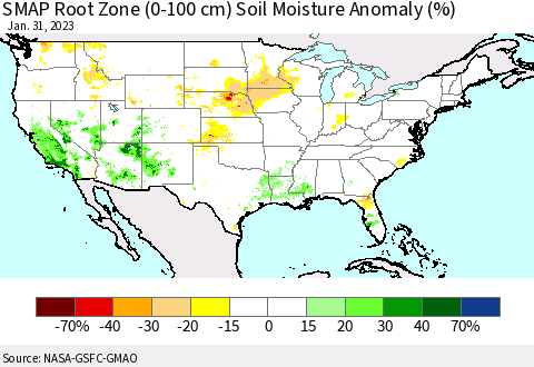 United States SMAP Root Zone (0-100 cm) Soil Moisture Anomaly (%) Thematic Map For 1/26/2023 - 1/31/2023