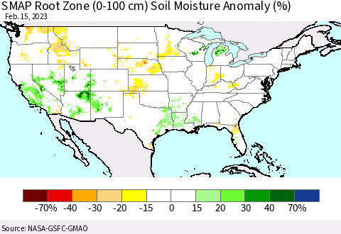 United States SMAP Root Zone (0-100 cm) Soil Moisture Anomaly (%) Thematic Map For 2/11/2023 - 2/15/2023