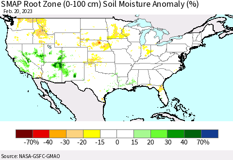 United States SMAP Root Zone (0-100 cm) Soil Moisture Anomaly (%) Thematic Map For 2/16/2023 - 2/20/2023