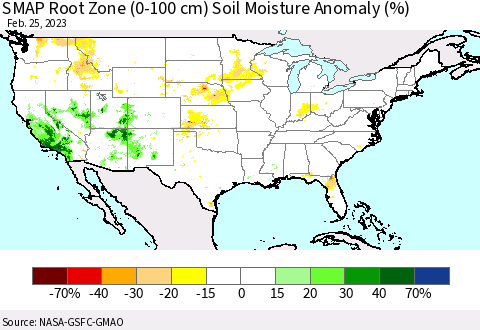 United States SMAP Root Zone (0-100 cm) Soil Moisture Anomaly (%) Thematic Map For 2/21/2023 - 2/25/2023