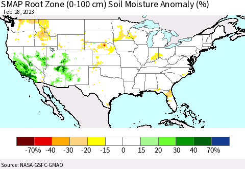 United States SMAP Root Zone (0-100 cm) Soil Moisture Anomaly (%) Thematic Map For 2/26/2023 - 2/28/2023