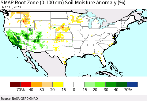United States SMAP Root Zone (0-100 cm) Soil Moisture Anomaly (%) Thematic Map For 3/11/2023 - 3/15/2023